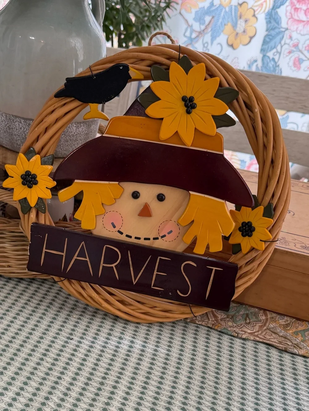 Vintage Harvest Scarecrow Wreath Wall Hanging Decor - Rustic Farmhouse Cottage